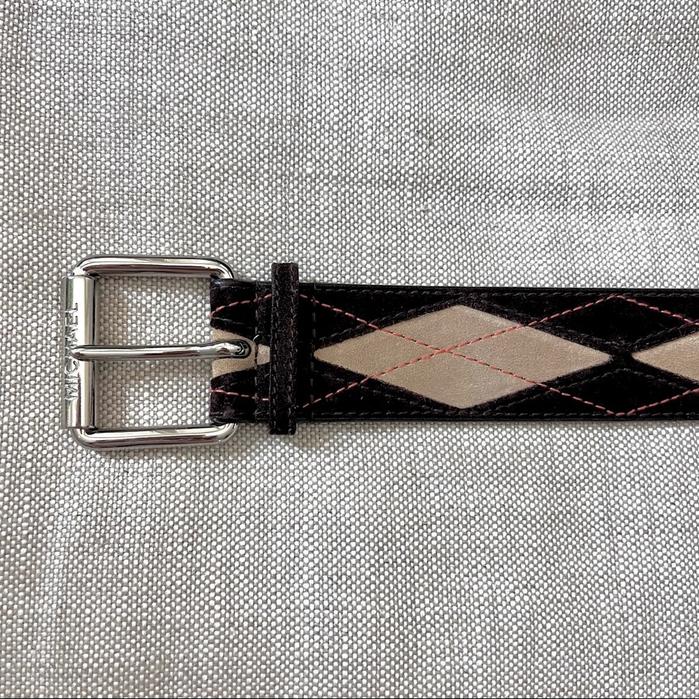 MICHAEL KORS - argyle suede belt brown,cream w/ orange accent silver buckle (L)